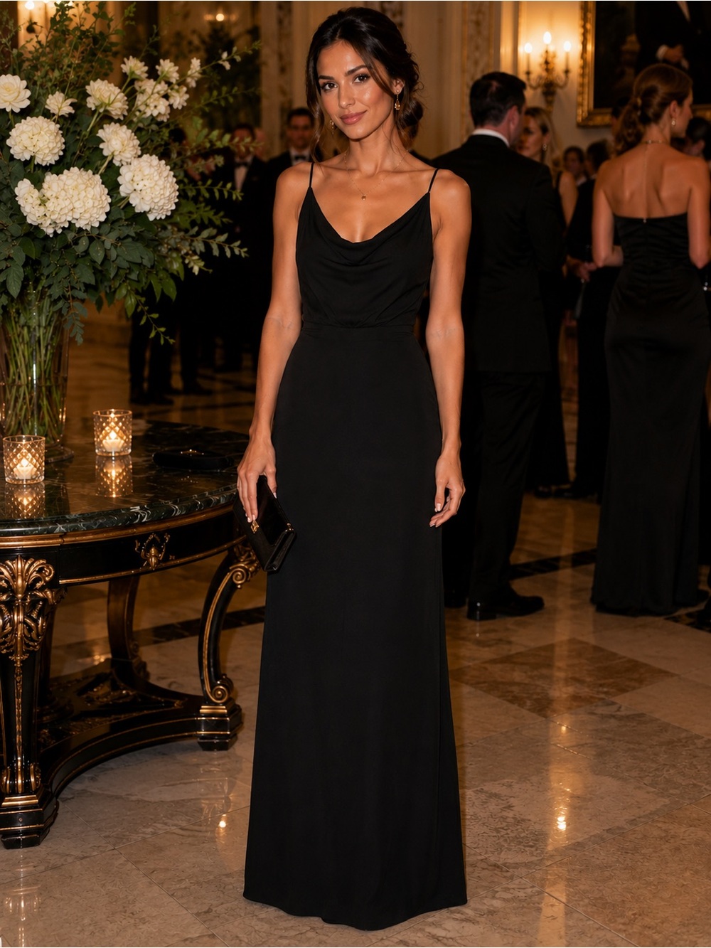 Elegant Black Cowl Neck Evening Gown
